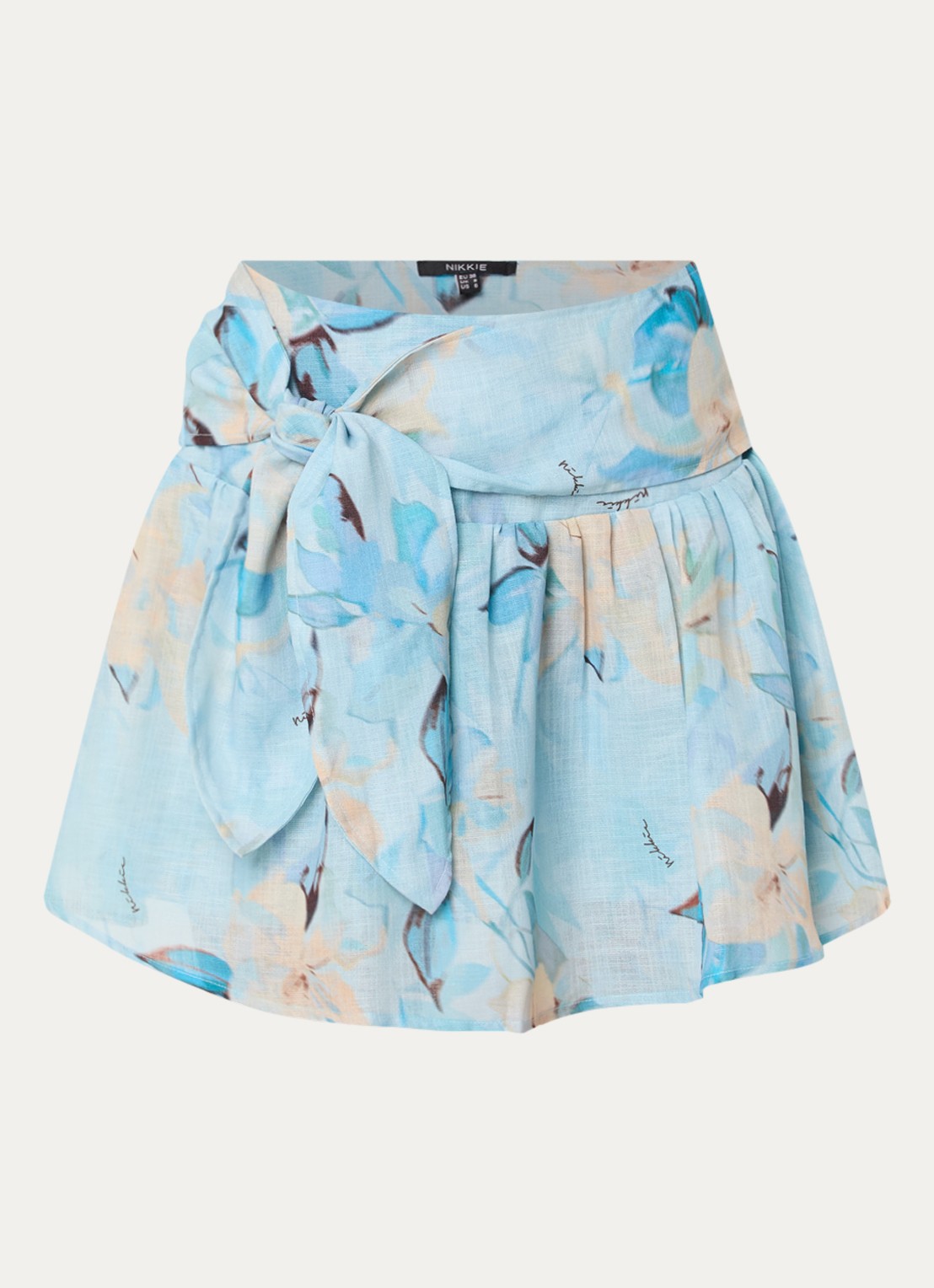 NIKKIE Avalon midi plooirok met bloemenprint en geknoopt detail - voorkant 2 lichtblauw