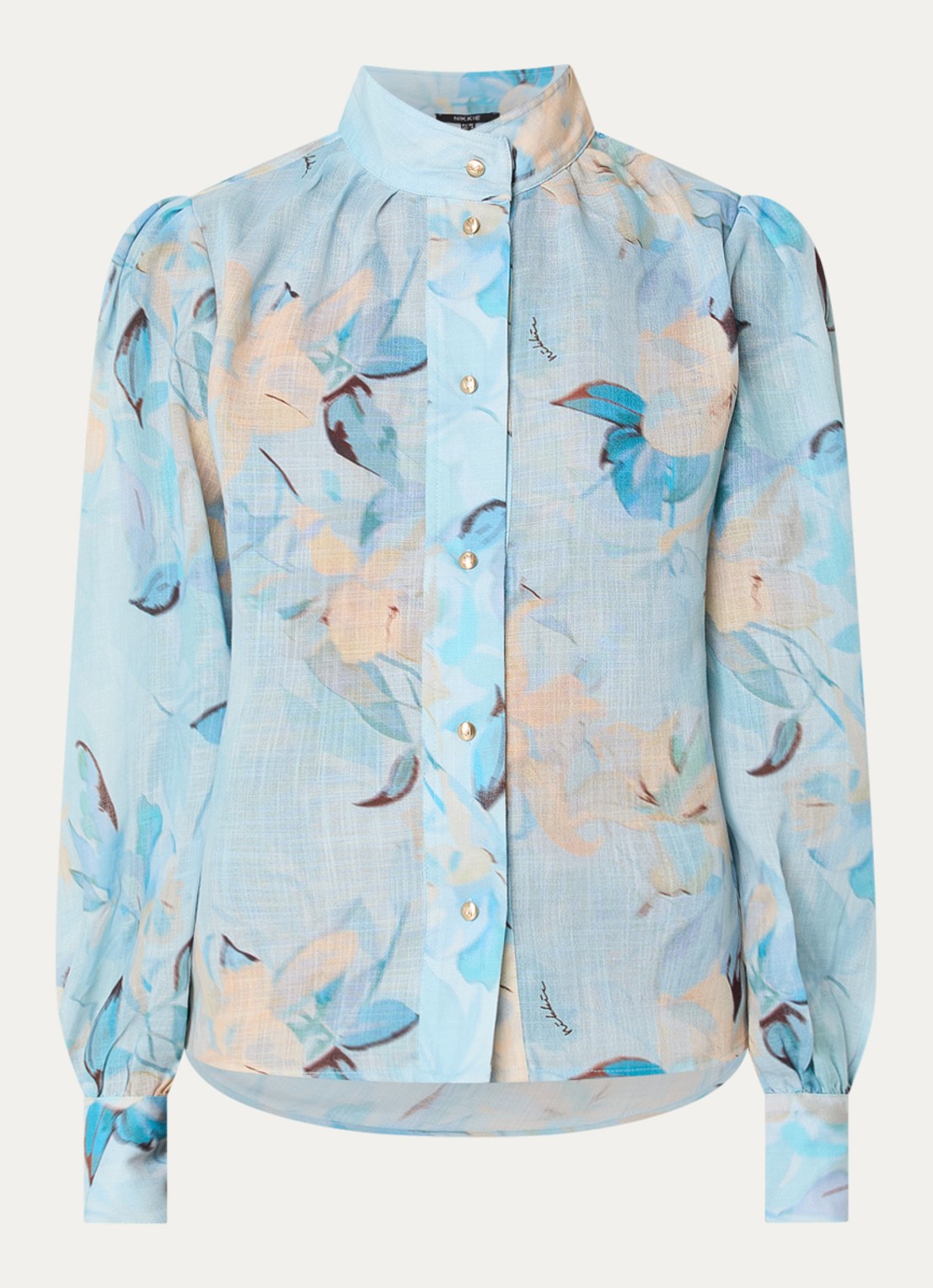 NIKKIE Avalon semi-transparante blouse met bloemprint  - voorkant 3 lichtblauw