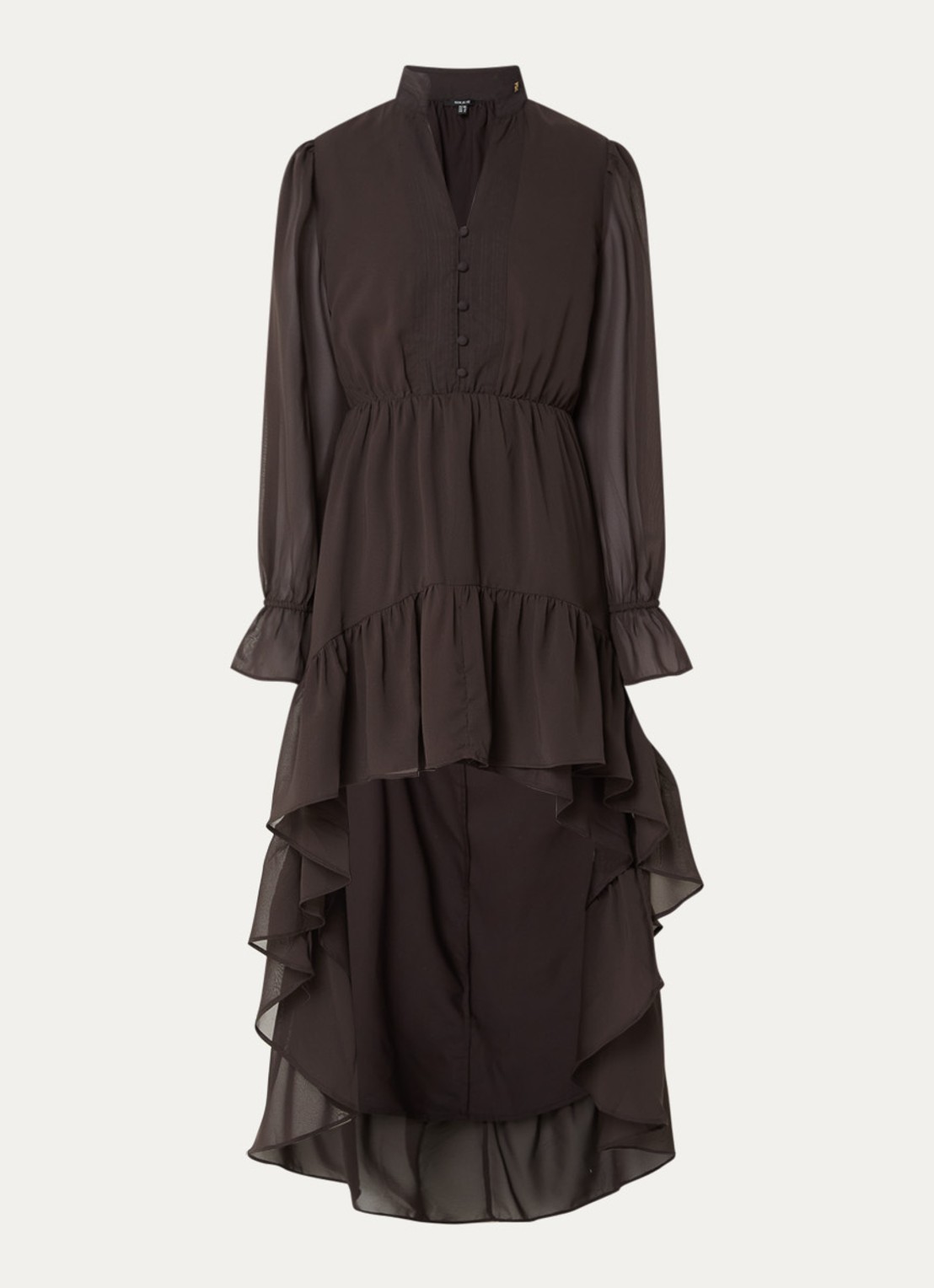 NIKKIE Aylin mini blousejurk met volant en v-hals  - voorkant chocoladebruin