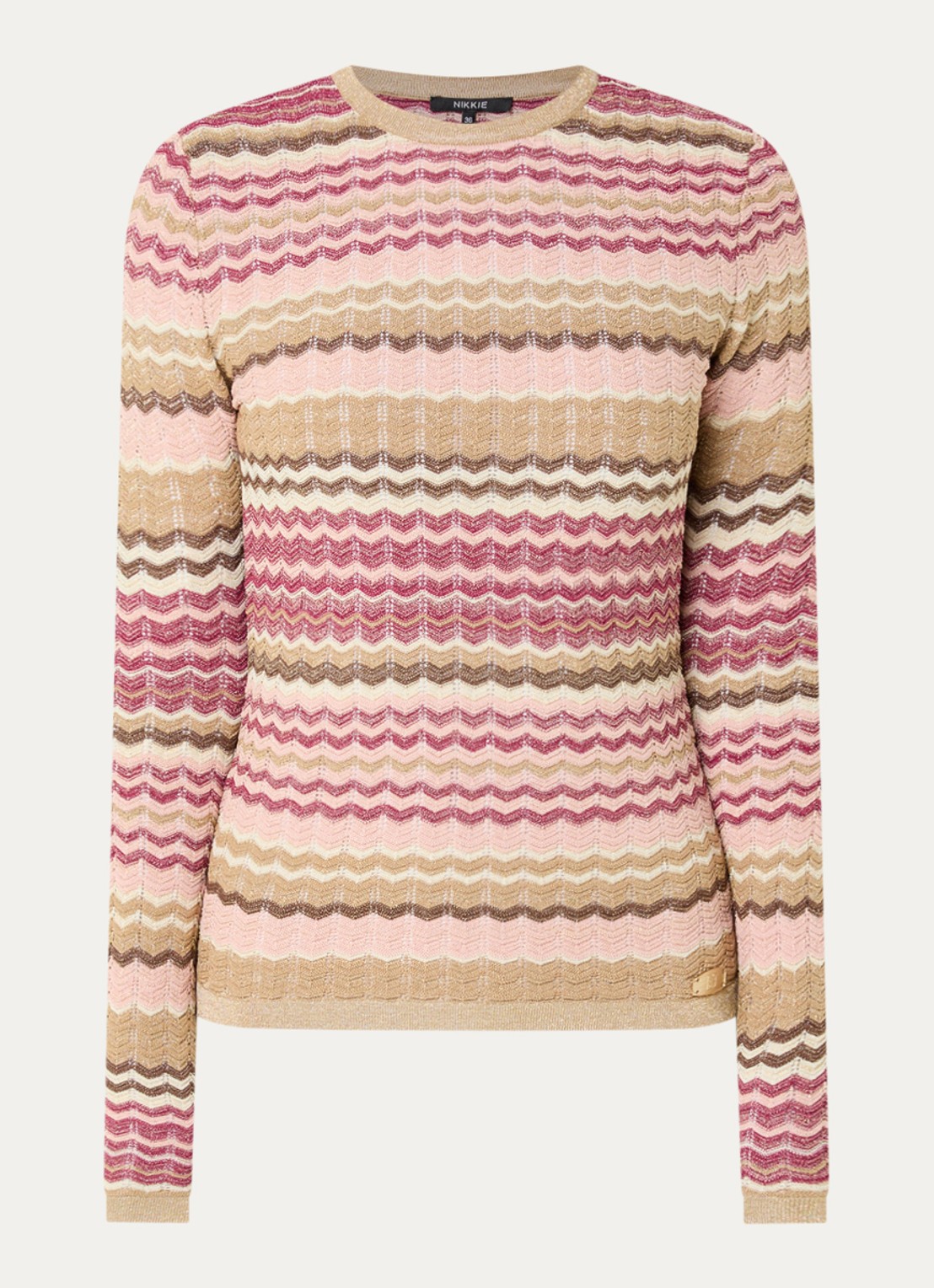 NIKKIE Fijngebreide trui met ingebreide print - voorkant 2 beige
