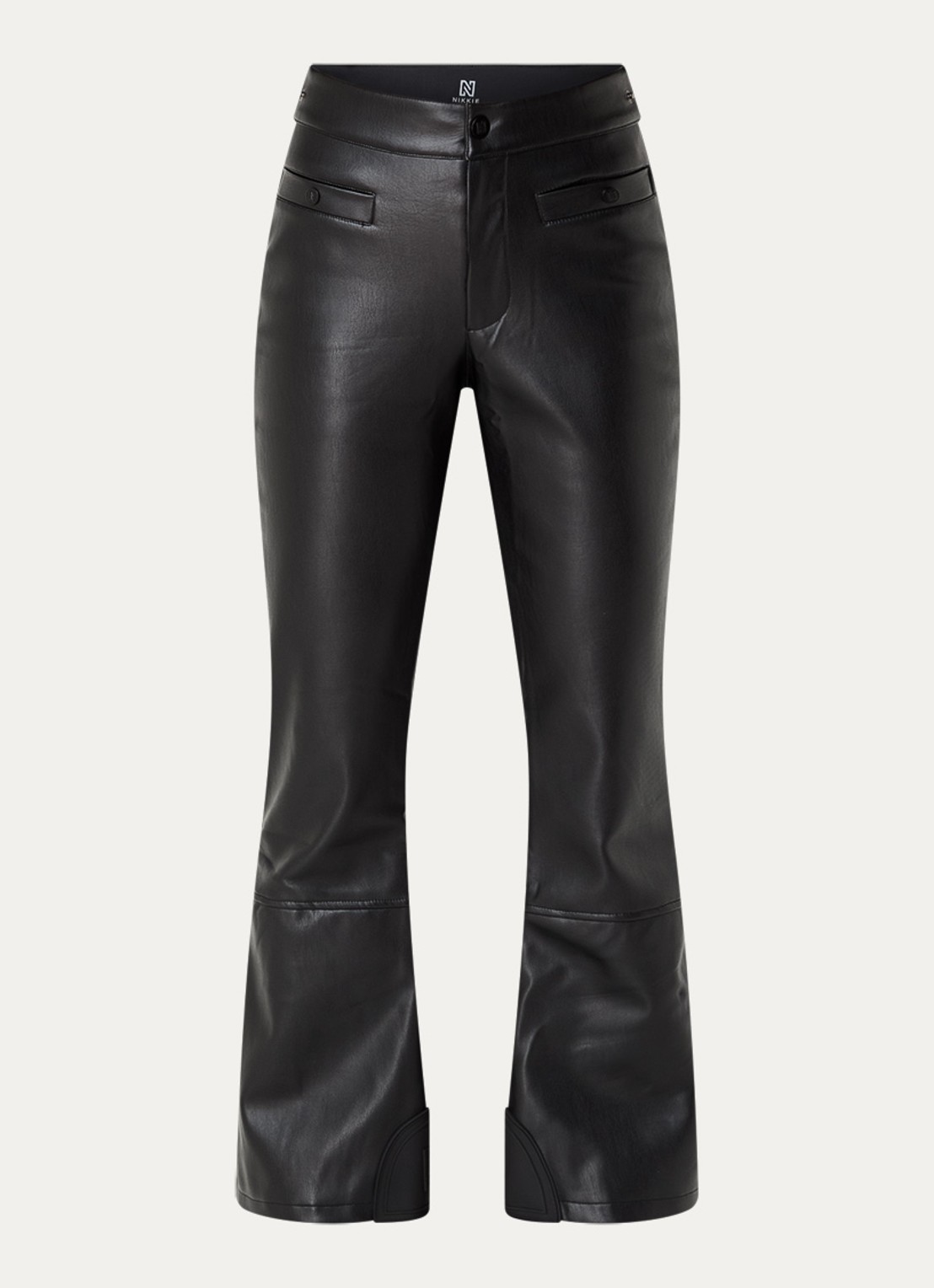 NIKKIE Giza high waist flared fit skibroek van imitatieleer met steekzakken - voorkant zwart