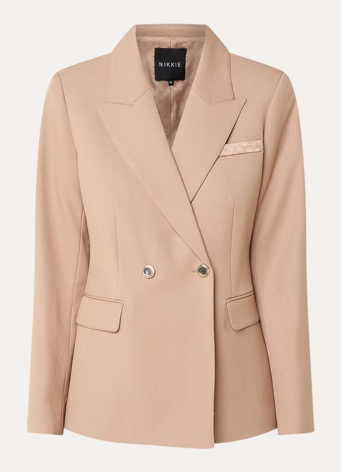 NIKKIE Oakland double-breasted blazer met schoudervulling en klepzakken - voorkant 3 camel