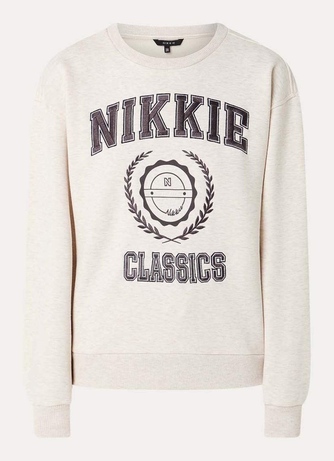 NIKKIE Odessa sweater met logoborduring en gemêleerd dessin - voorkant 2 creme