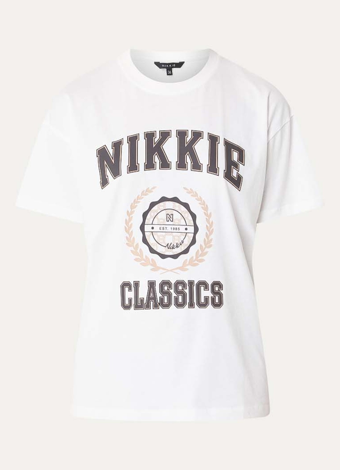 NIKKIE Odessi T-shirt met logoprint - voorkant 2 gebroken wit