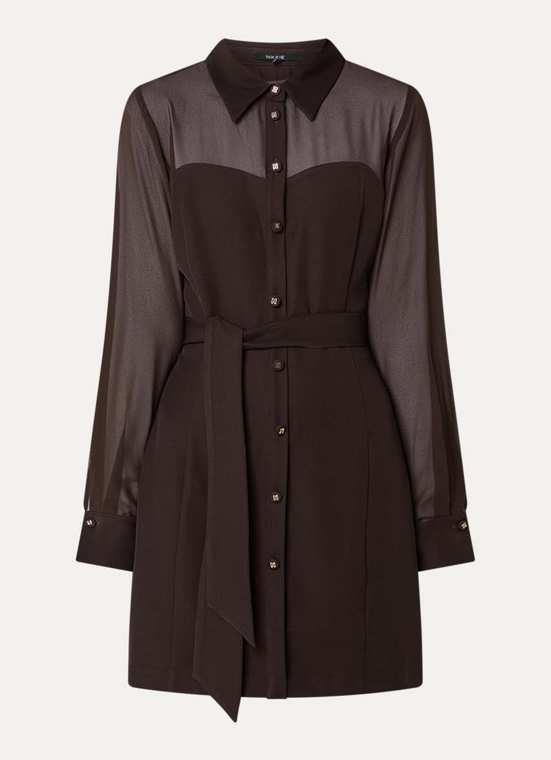 NIKKIE Olarisa mini blousejurk met strikceintuur  - voorkant 3 donkerbruin