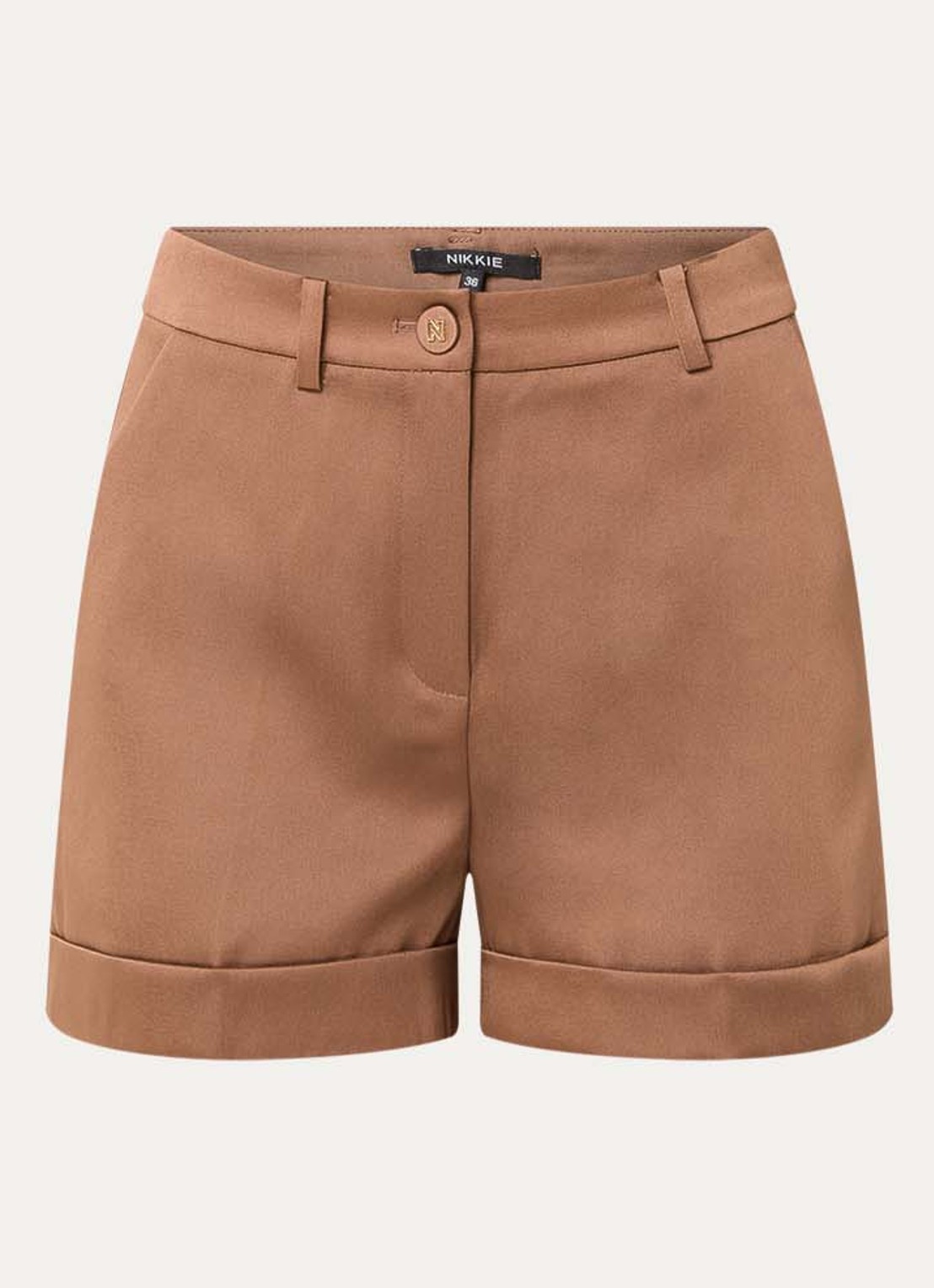NIKKIE Omahah high waist straight fit korte broek van satijn - voorkant 2 hazelnootbruin