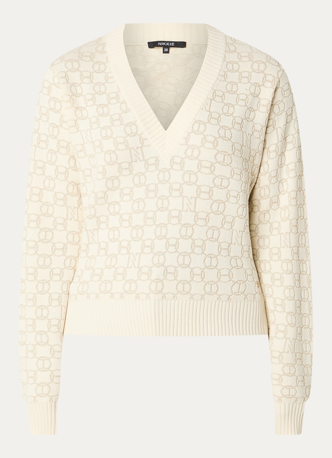 NIKKIE Omarah pullover met lurex en logoprint - voorkant 2 creme