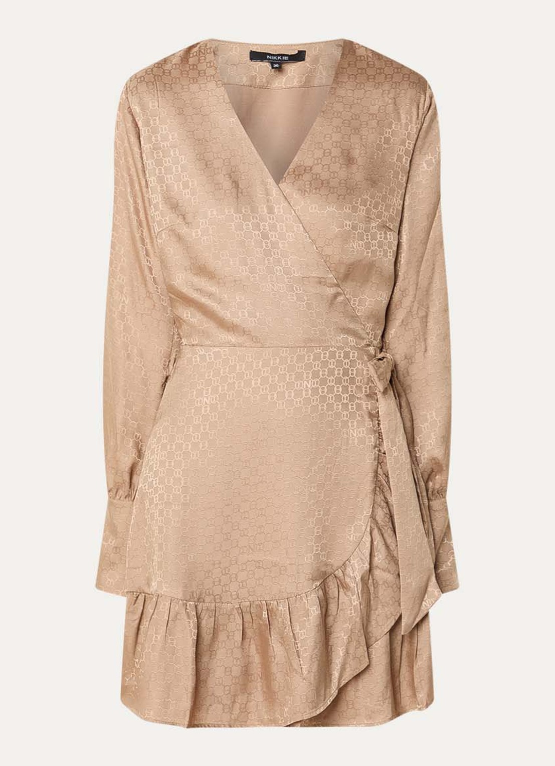 NIKKIE Opava mini wikkeljurk met logoprint en volant - voorkant 2 beige