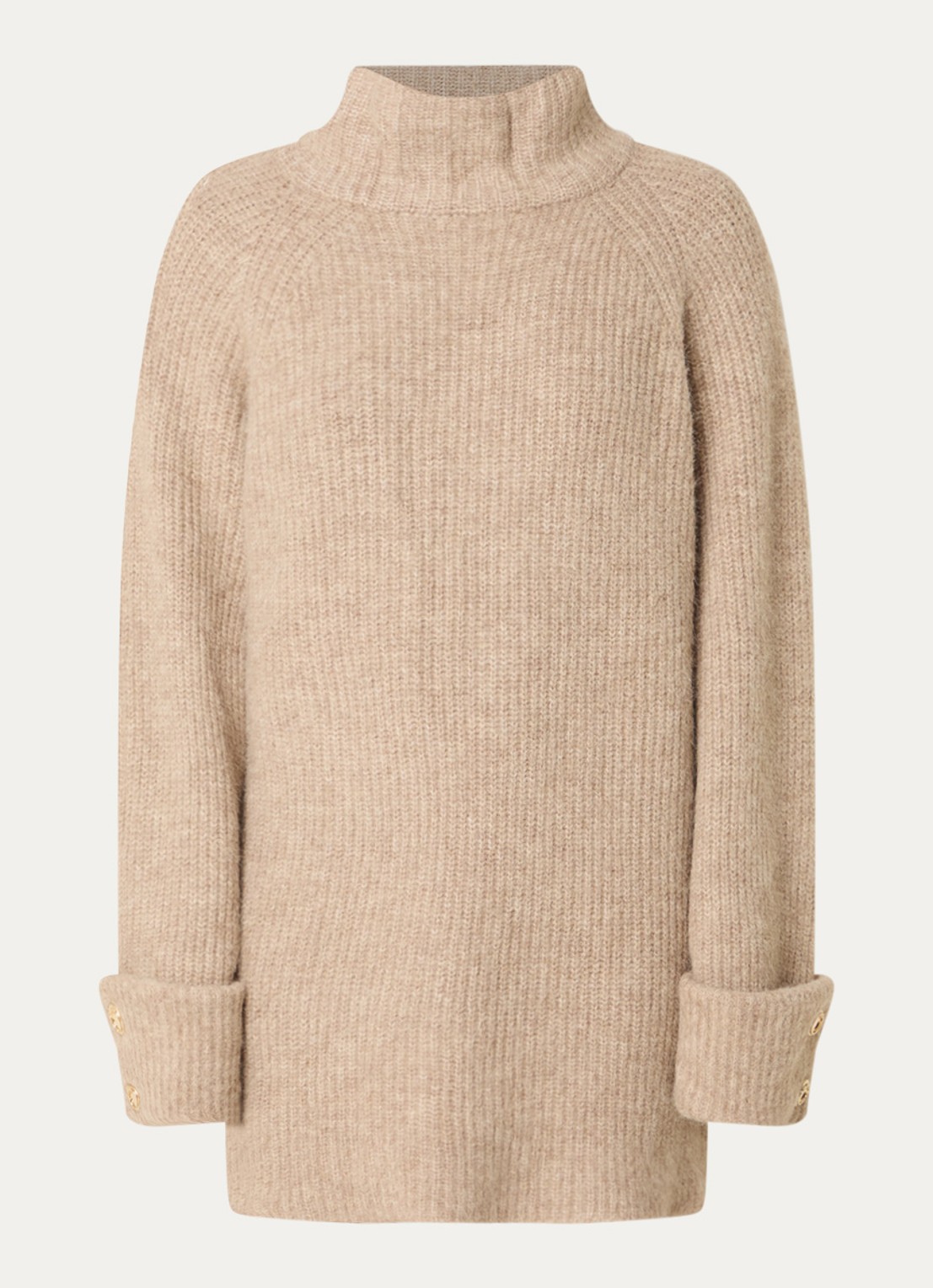 NIKKIE Opole grofgebreide mini trui-jurk in wolblend met col - voorkant 2 beige