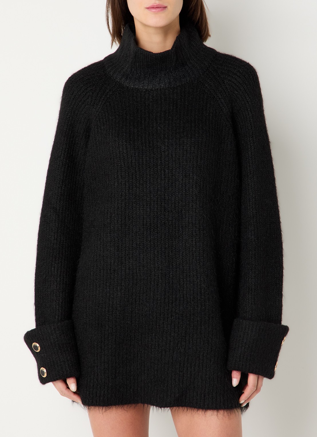 NIKKIE Opole grofgebreide mini trui-jurk in wolblend met col - detail zwart