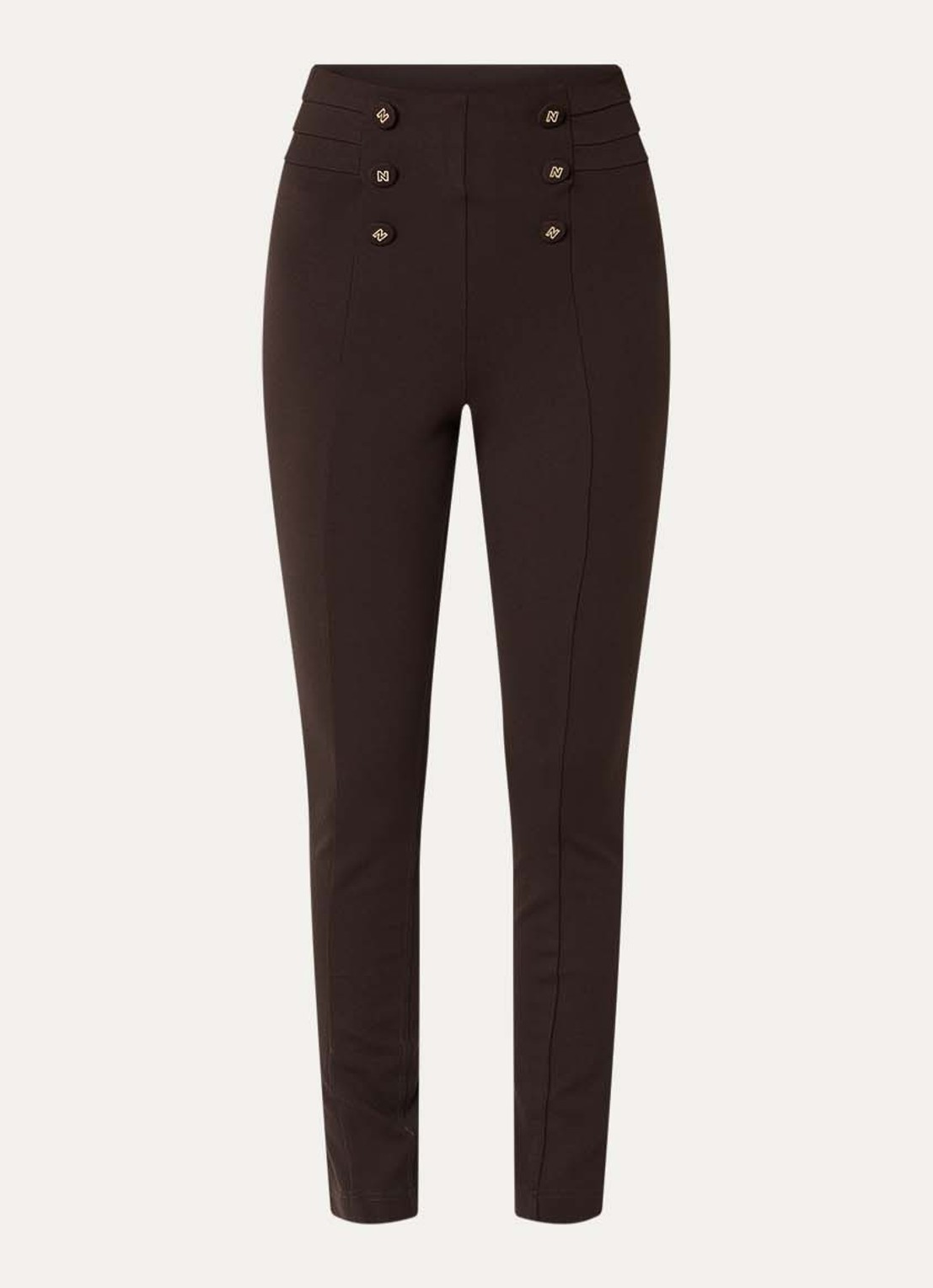 NIKKIE Oroville high waist skinny fit broek met sierknopen - voorkant 2 donkerbruin