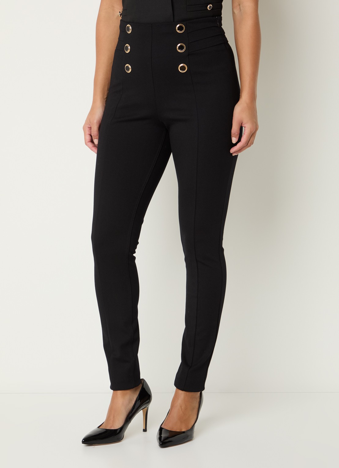 NIKKIE Oroville high waist skinny fit broek met sierknopen - detail 4 zwart
