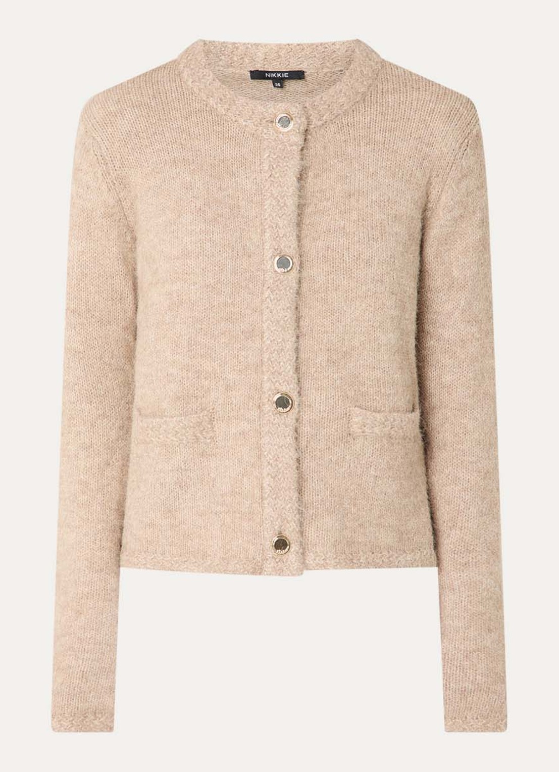 NIKKIE Otario fijngebreid vest in wolblend met ronde hals - voorkant beige