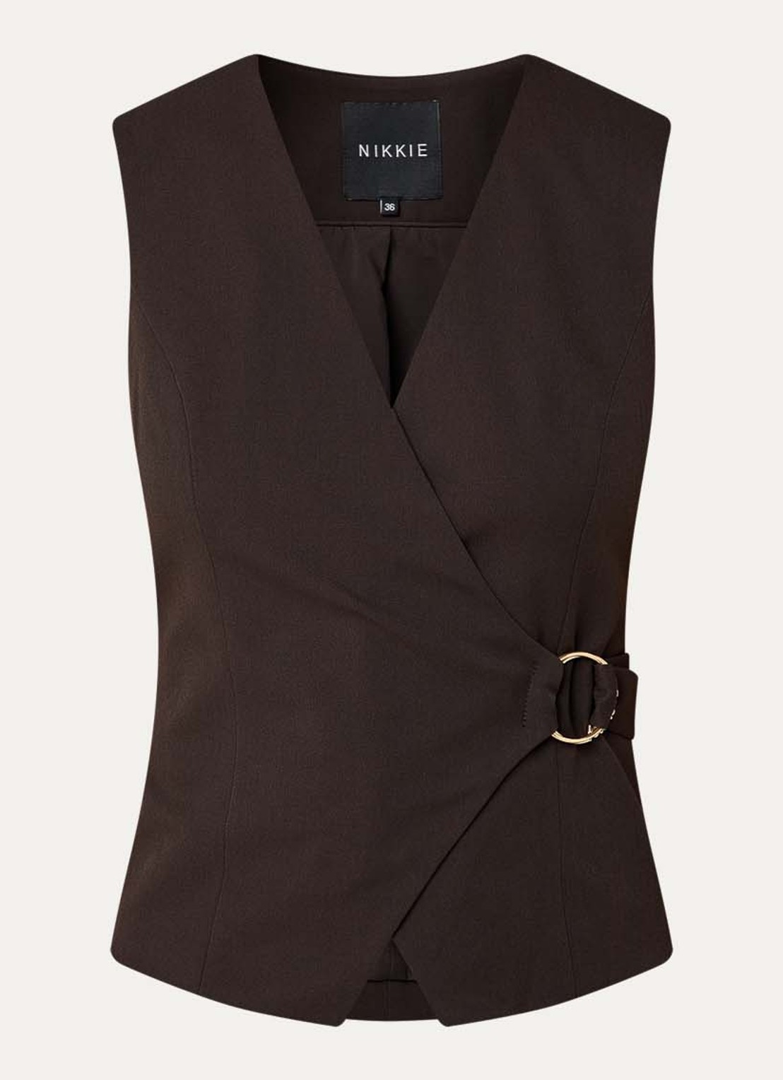 NIKKIE Oxford gilet met ceintuur - voorkant 2 donkerbruin
