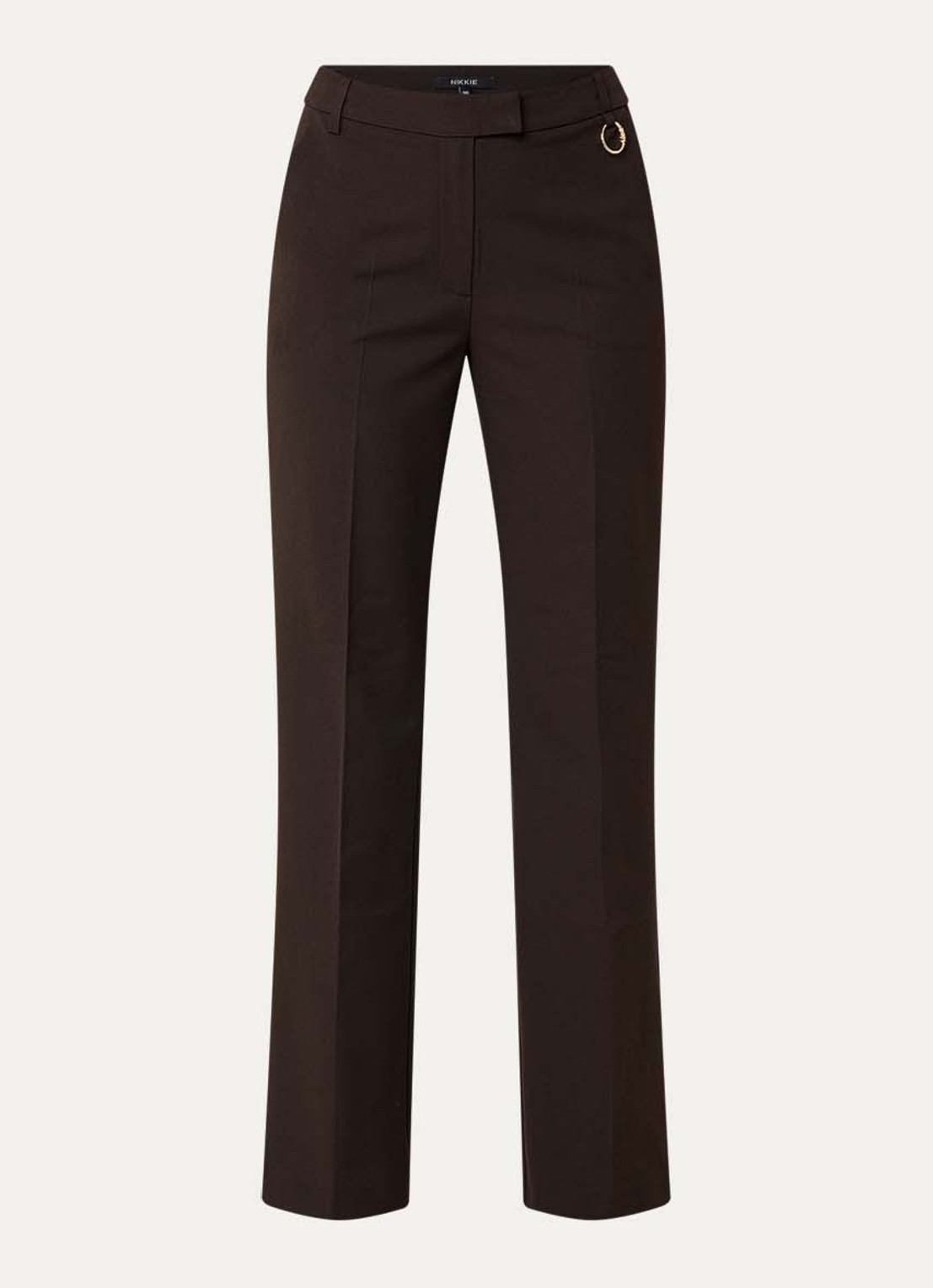 NIKKIE Oxford high waist straight fit pantalon met persplooi - voorkant donkerbruin