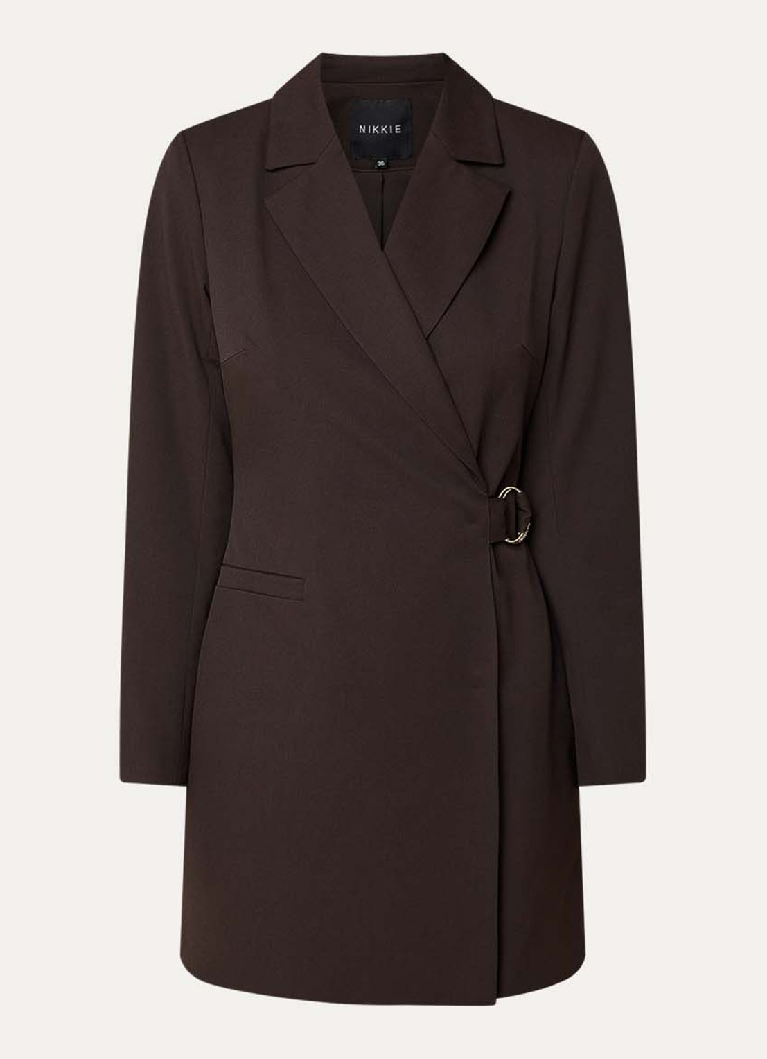 NIKKIE Oxford mini blazer jurk met ceintuur en schoudervulling - voorkant 3 donkerbruin