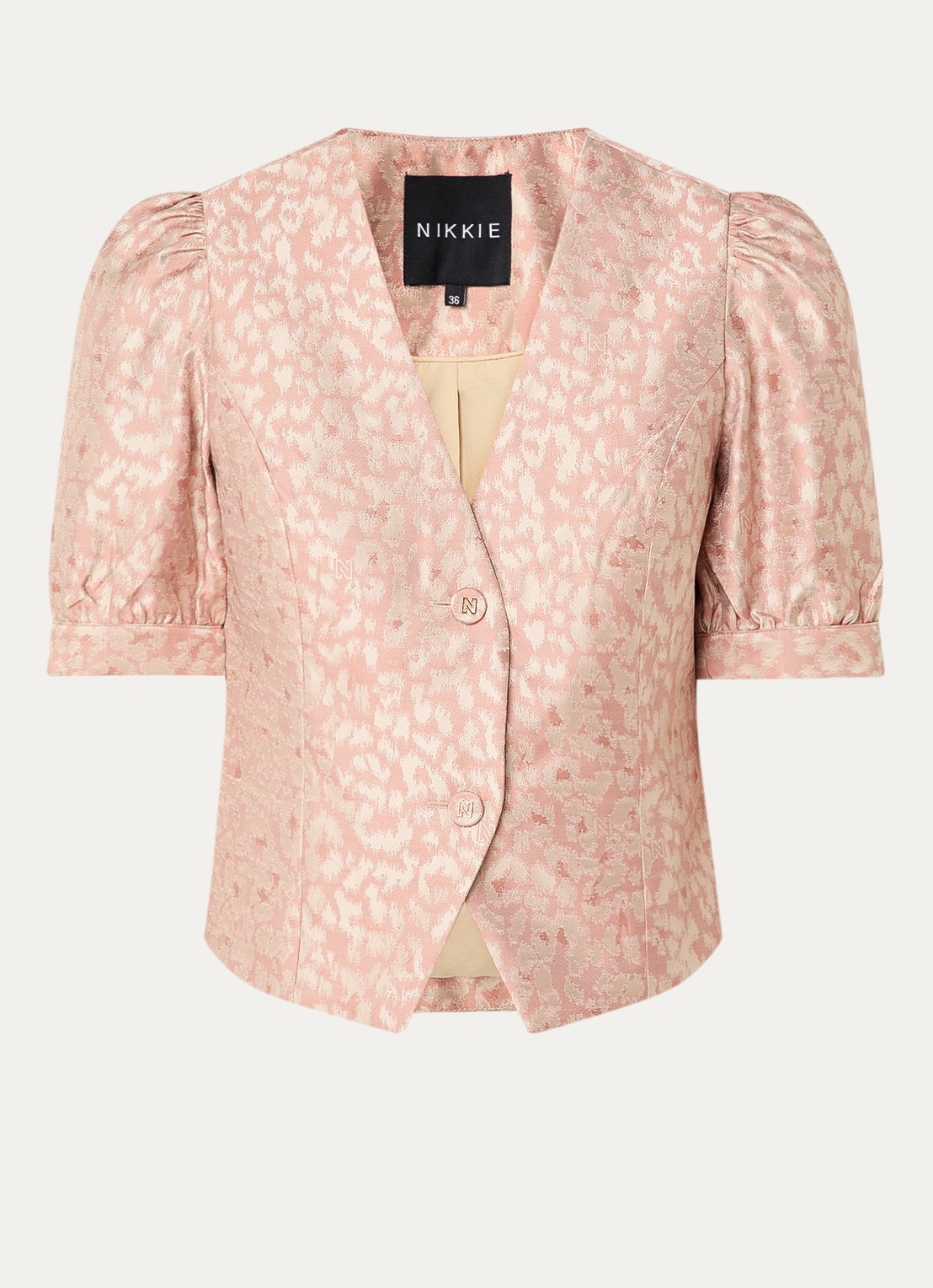 NIKKIE Palencia blouse met panterprint en pofmouw - voorkant 3 zalmroze