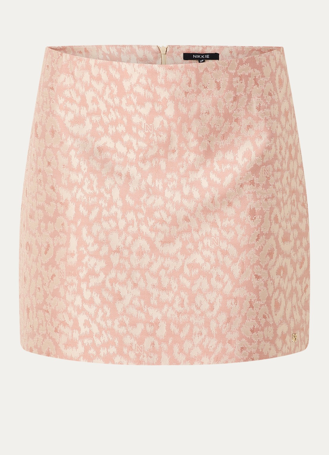NIKKIE Palencia mini rok met panterprint - voorkant 2 zalmroze