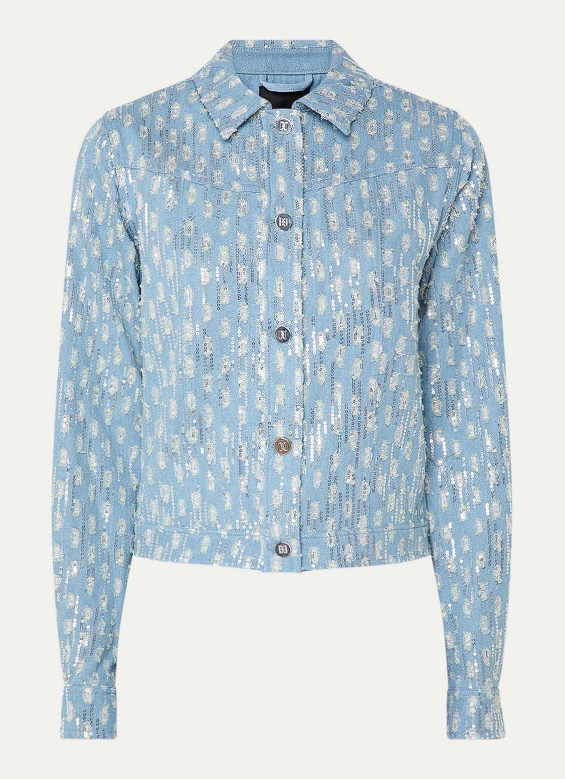 NIKKIE Pools blouse van denim met pailletten - voorkant 2 lichtblauw