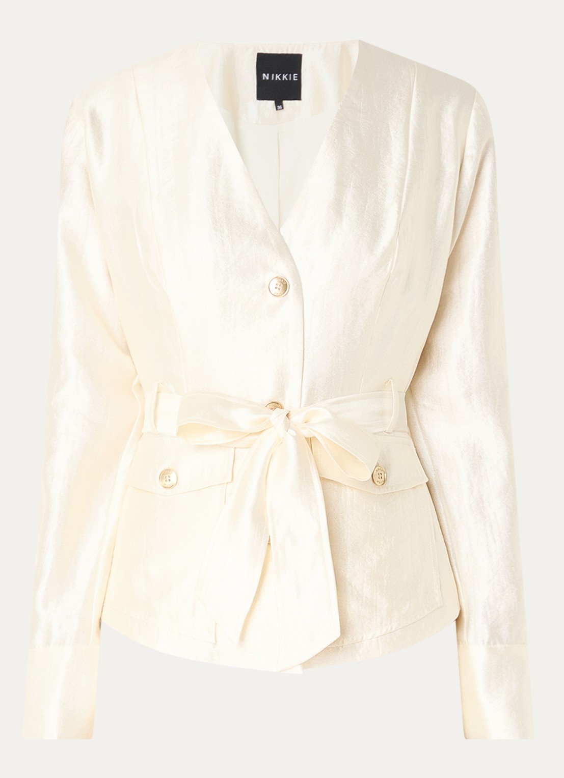 NIKKIE Porlamar blouse met metallic finish en strikdetail - voorkant 2 beige