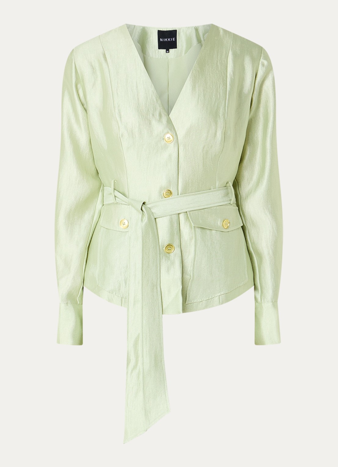 NIKKIE Porlamar blouse met metallic finish en strikdetail - voorkant lichtgroen