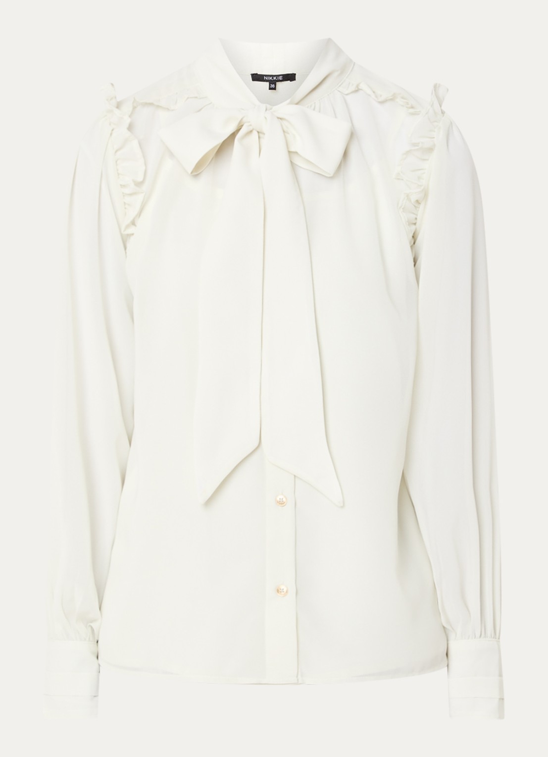 NIKKIE Pragues blouse met volant en sjaalkraag - voorkant 2 beige
