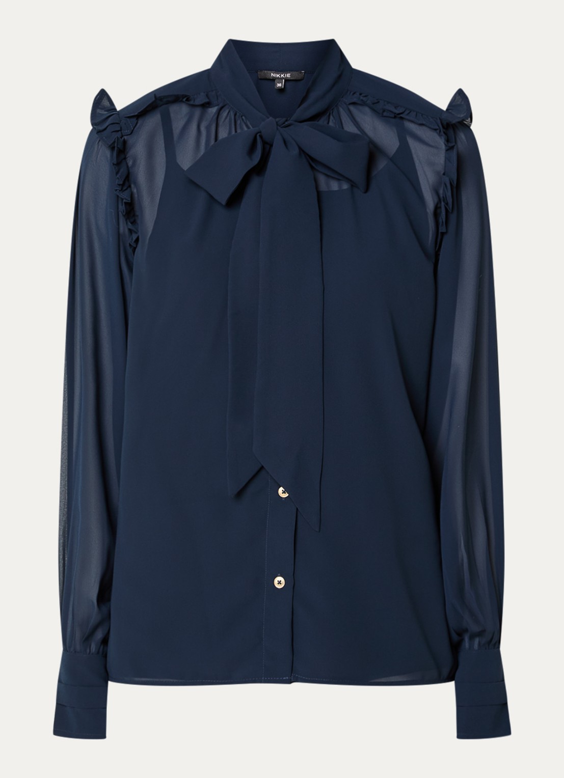 NIKKIE Pragues blouse met volant en sjaalkraag - voorkant donkerblauw