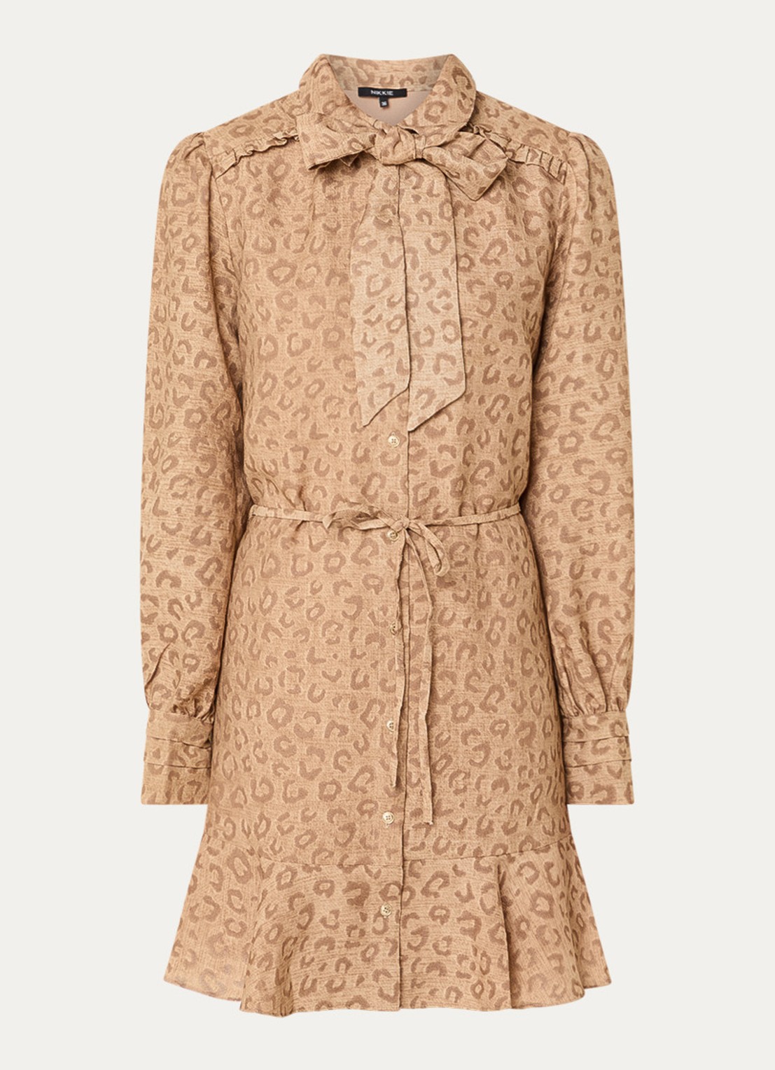 NIKKIE Pragues mini jurk met panterprint - voorkant 2 lichtbruin