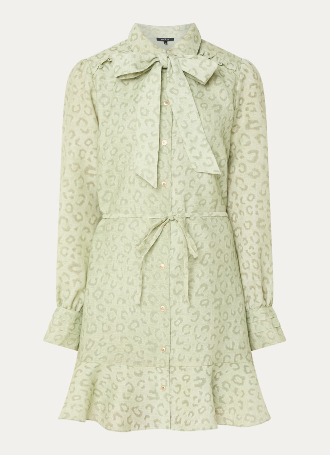 NIKKIE Pragues mini jurk met panterprint - voorkant 3 lichtgroen