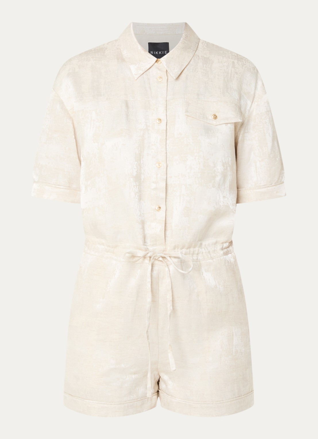 NIKKIE Rialto loose fit playsuit met jacquard dessin en strikceintuur - voorkant 3 creme