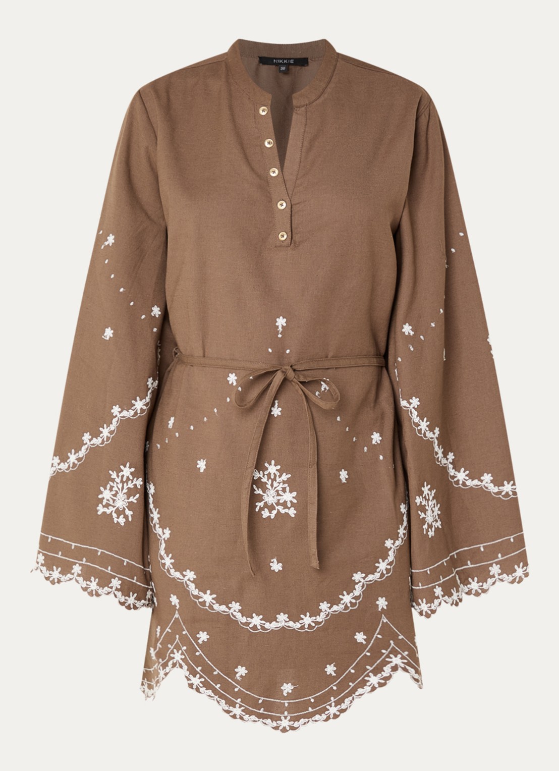 NIKKIE Rianxo mini jurk in linnenblend - voorkant 2 hazelnootbruin