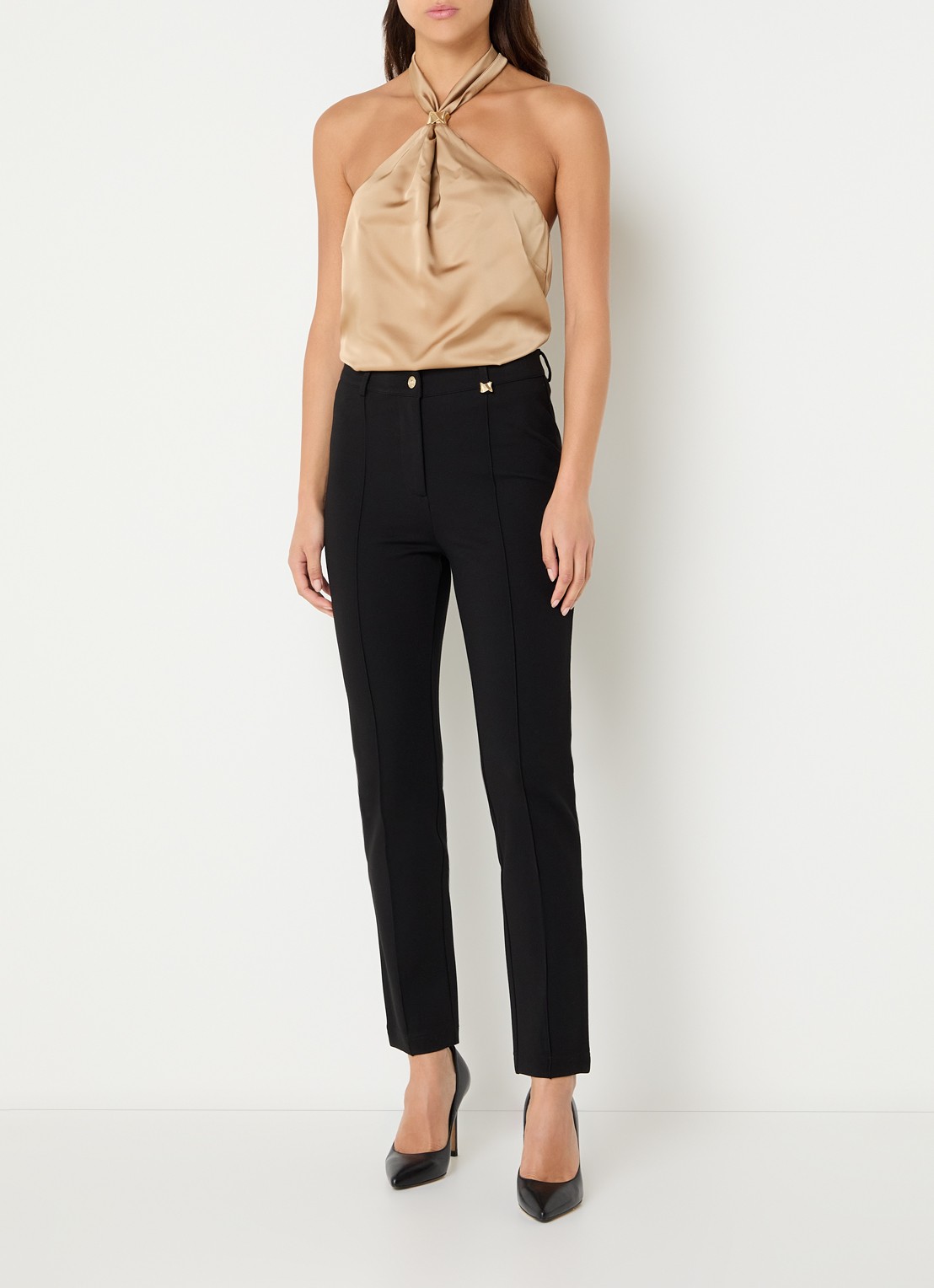 NIKKIE Rivello high waist slim fit pantalon van jersey met siernaad  - voorkant 4 zwart