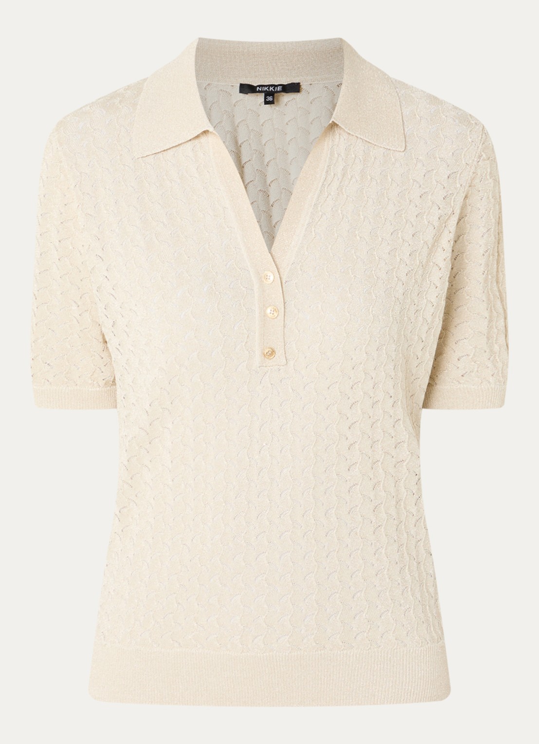 NIKKIE Rouen top met lurex en opengewerkt dessin - voorkant beige