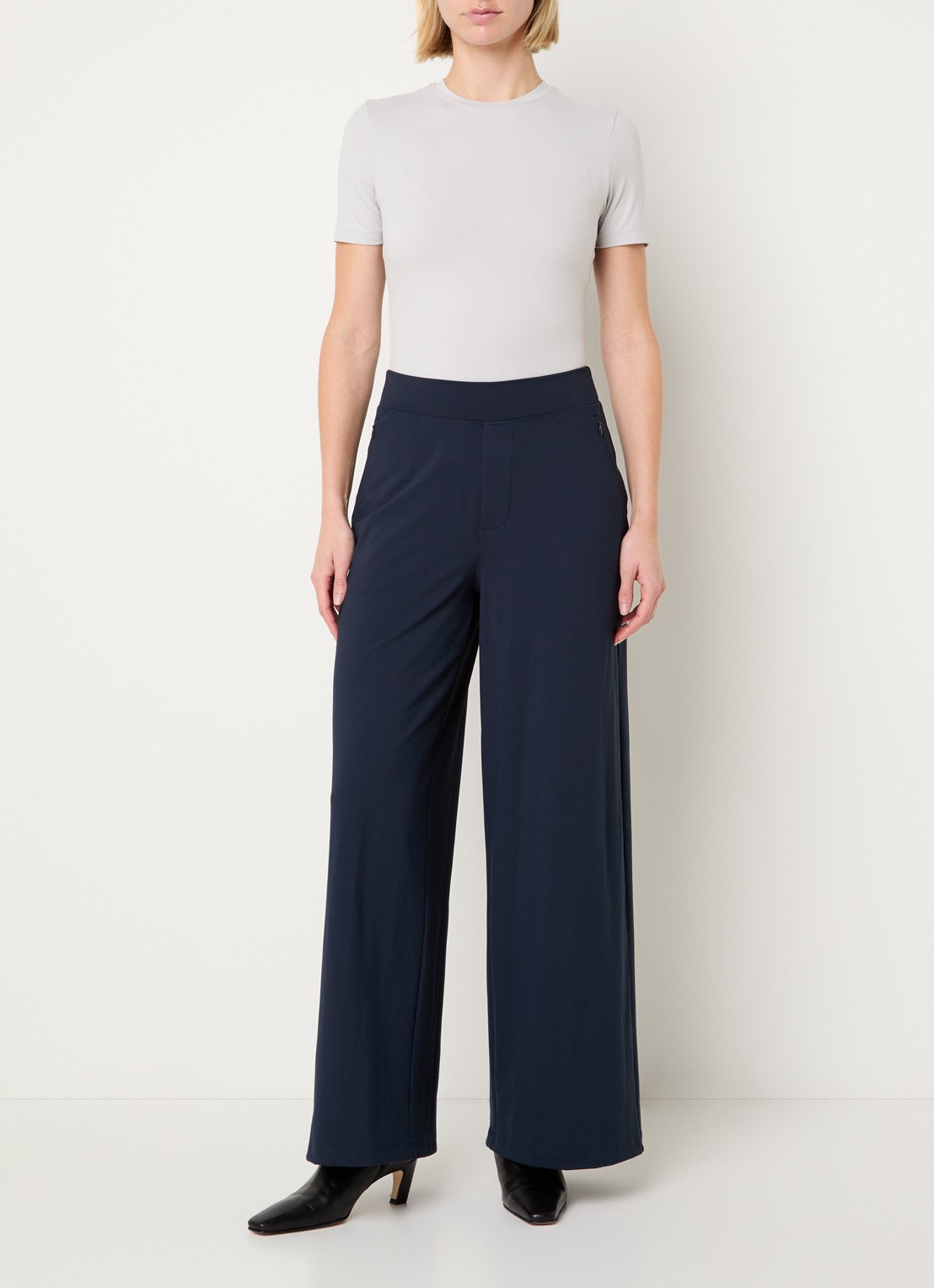 Ninepine Asana high waist wide fit broek met ritszakken - voorkant 2 donkerblauw