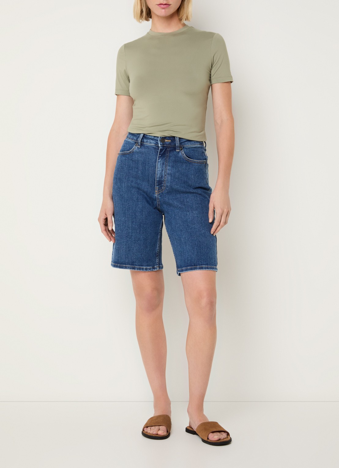 Ninepine High waist straight fit korte broek van denim - voorkant 3 indigo