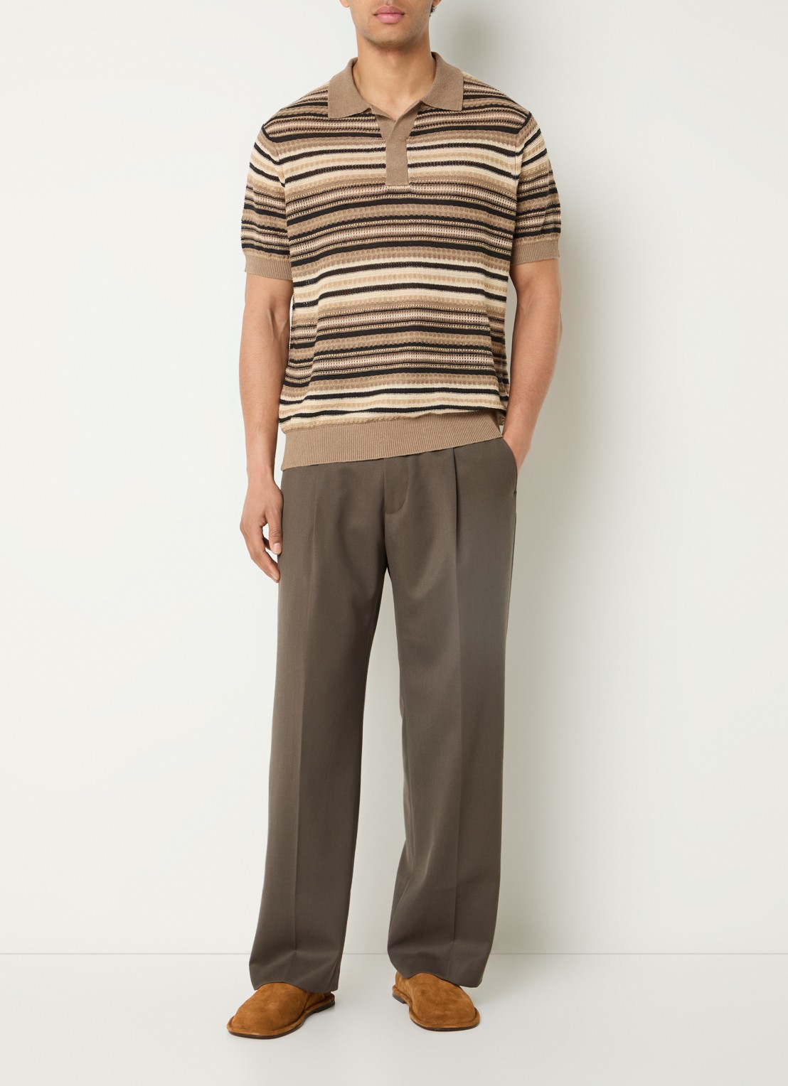 NN.07 Fijngebreide polo met streepprint - voorkant 3 beige