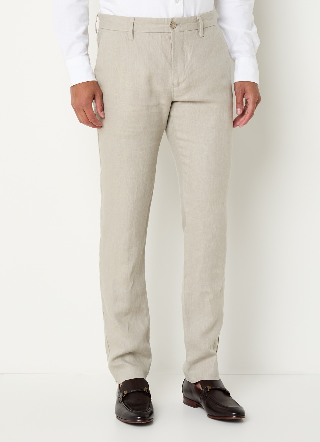 NN.07 Theo slim fit broek van linnen met steekzakken - detail donkerbeige