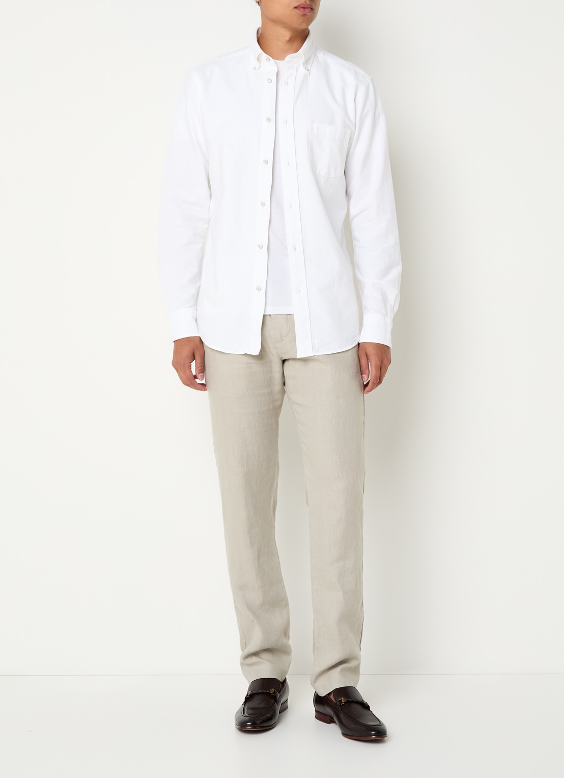 NN.07 Theo slim fit broek van linnen met steekzakken - voorkant 5 donkerbeige