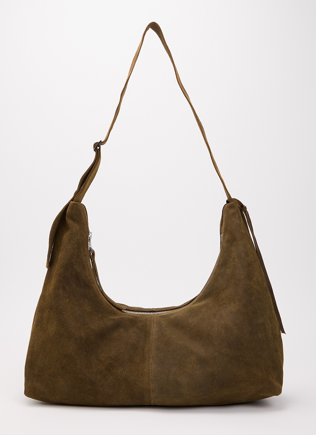 Nona Large Slouchy crossbodytas van suède - voorkant olijfgroen