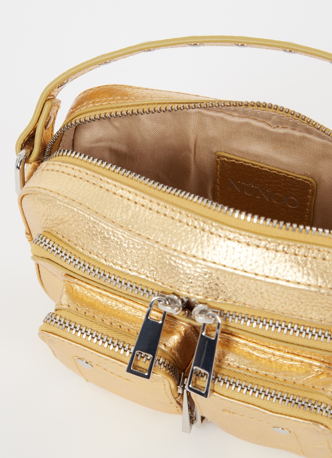 Núnoo Helena crossbodytas van leer met structuur en metallic finish - detail 3 goud