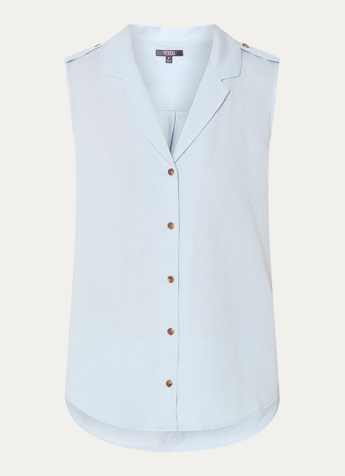 NYDJ Gabrielle mouwloze blouse in linnenblend - voorkant 2 lichtblauw