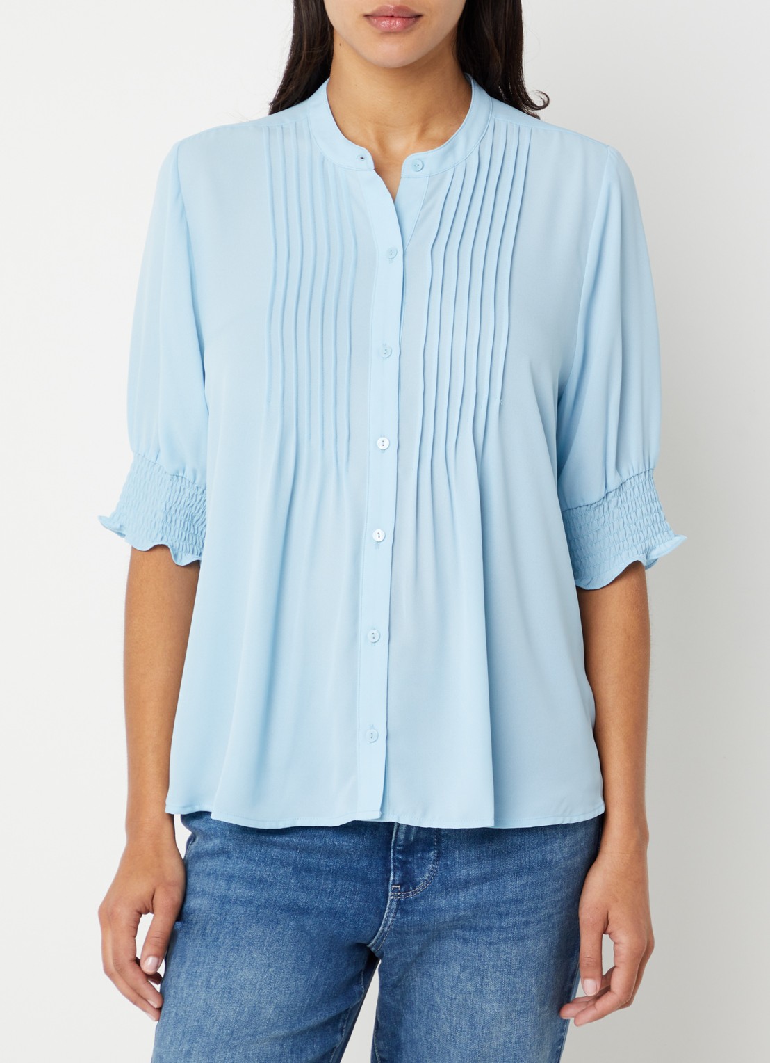 NYDJ Gato blouse met print en pofmouw - detail lichtblauw