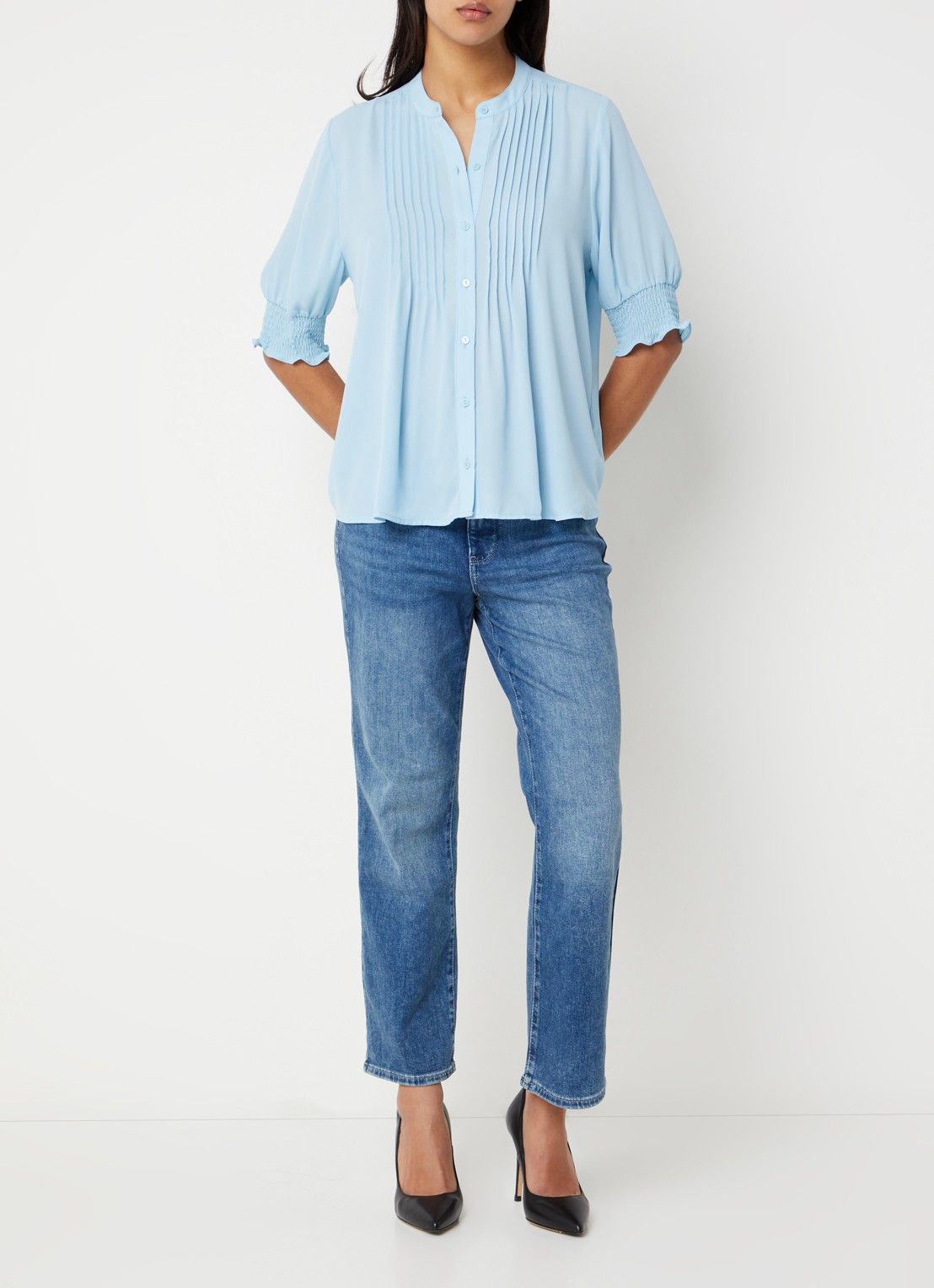 NYDJ Gato blouse met print en pofmouw - voorkant 3 lichtblauw