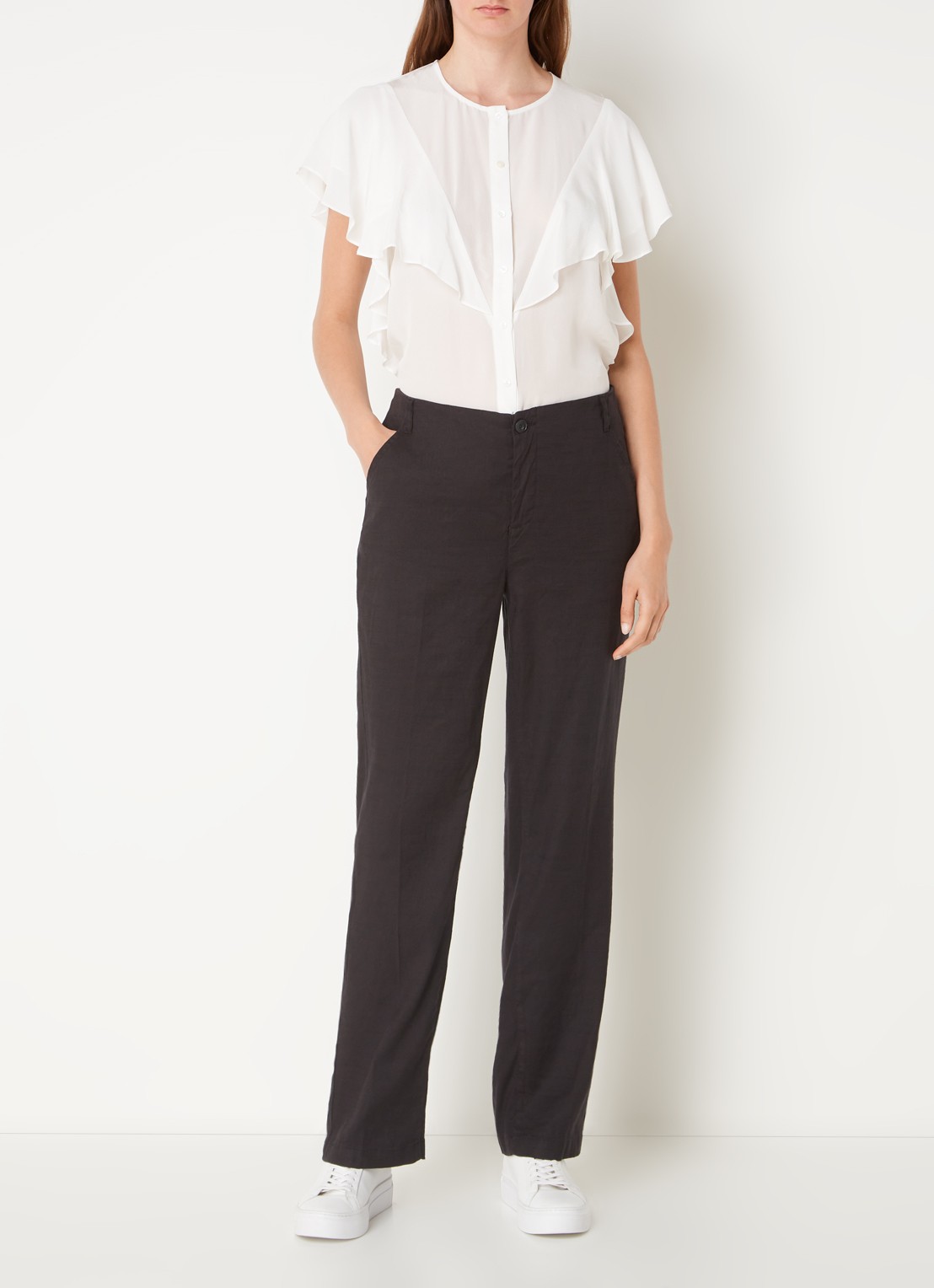 NYDJ Marilyn high waist straight fit broek in linnenblend met steekzakken - voorkant 3 zwart