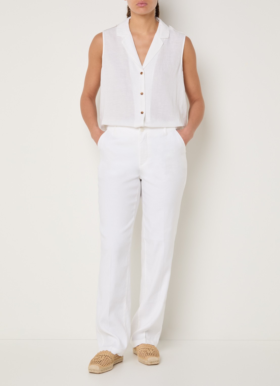 NYDJ Marilyn high waist straight fit broek in linnenblend met steekzakken - voorkant 3 wit