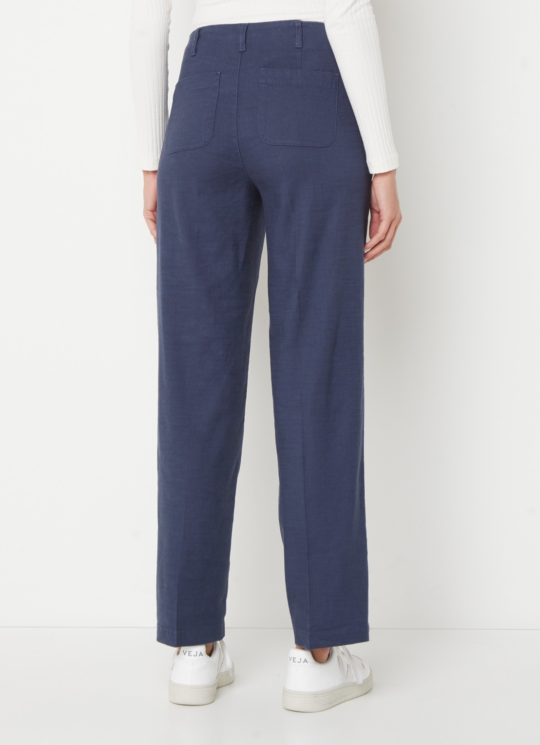 NYDJ Marilyn high waist straight fit broek in linnenblend met steekzakken - achterkant 2 donkerblauw