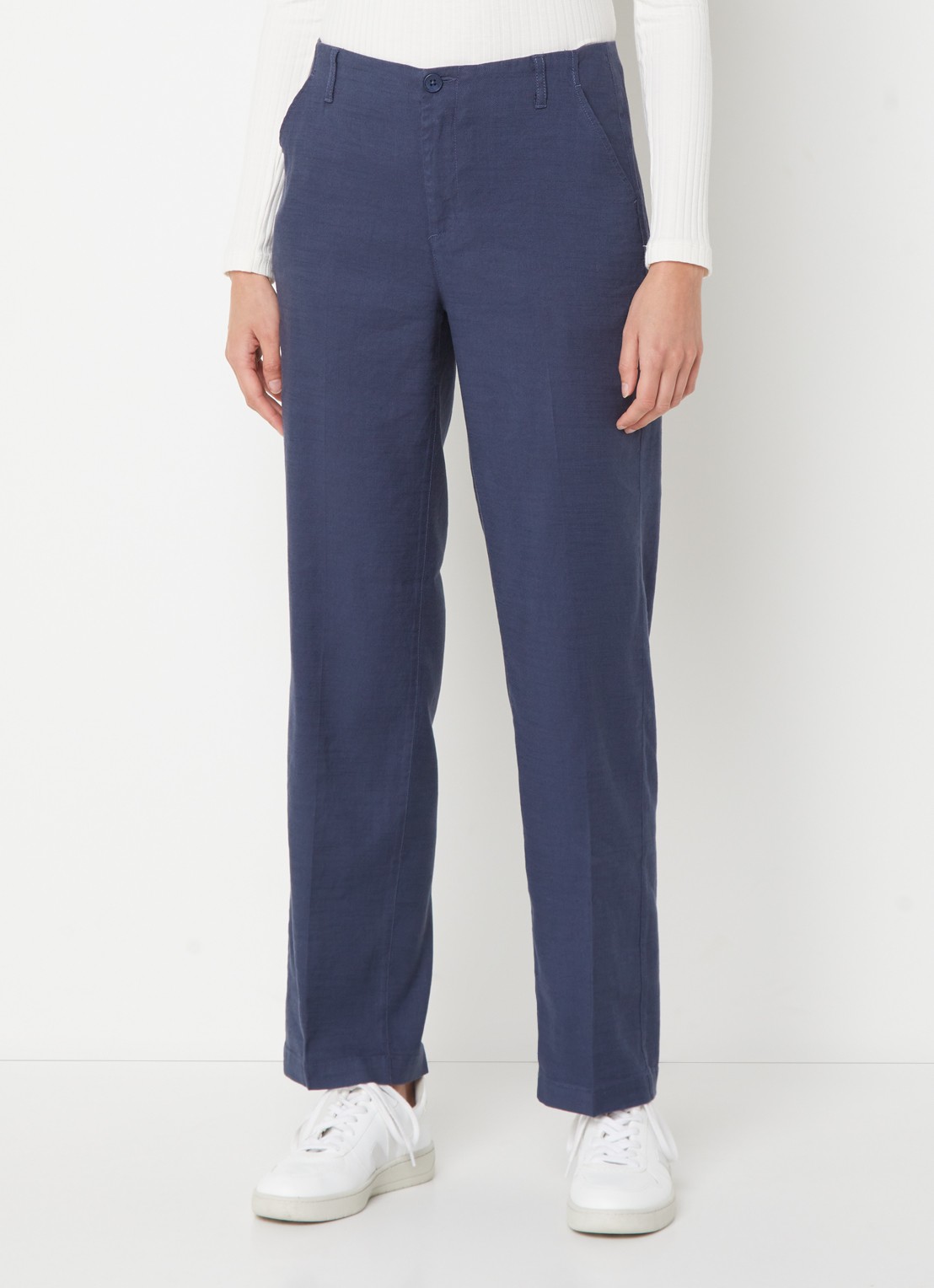 NYDJ Marilyn high waist straight fit broek in linnenblend met steekzakken - detail donkerblauw
