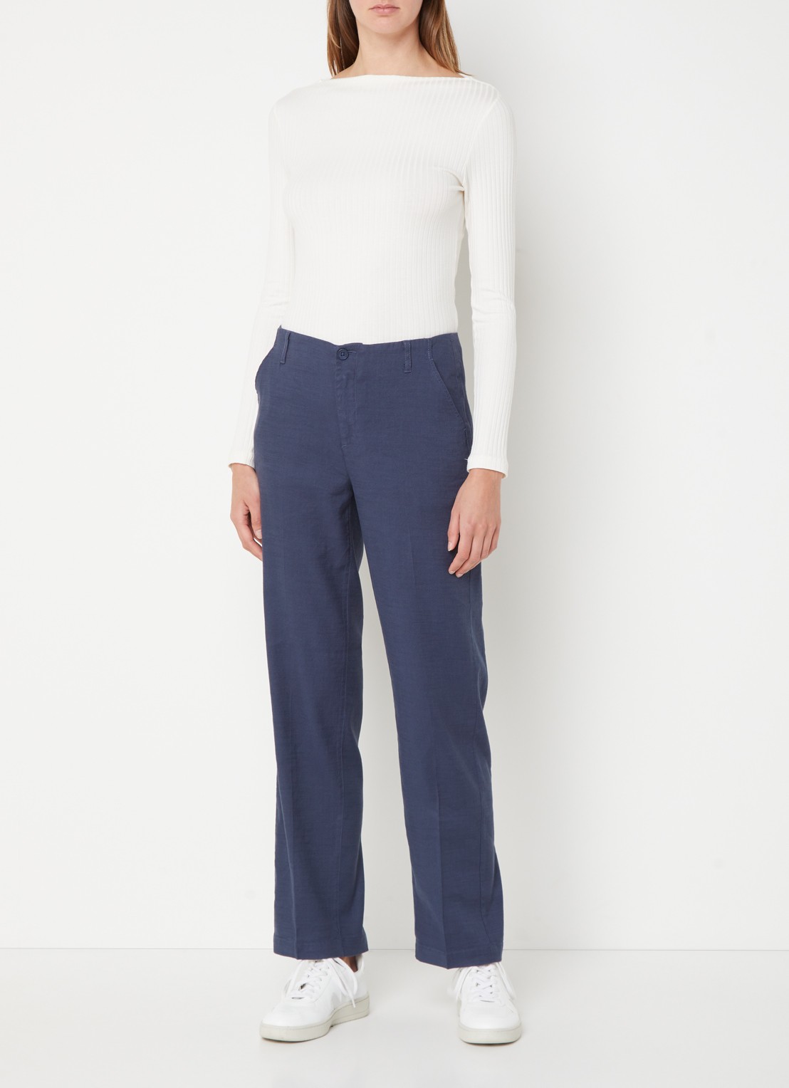 NYDJ Marilyn high waist straight fit broek in linnenblend met steekzakken - voorkant 4 donkerblauw