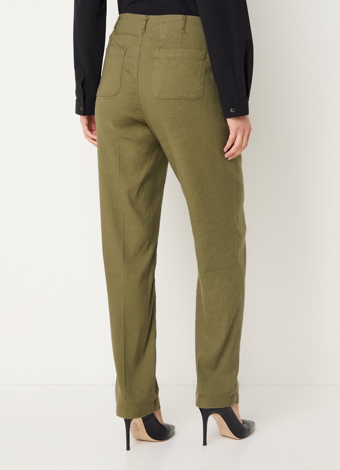 NYDJ Marilyn high waist straight fit broek in linnenblend met steekzakken - achterkant 4 legergroen