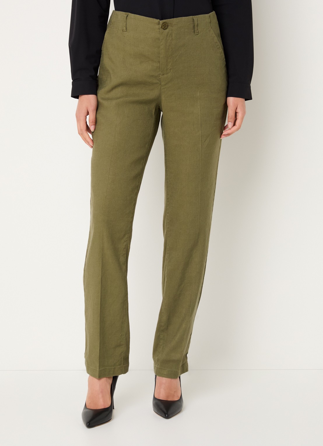 NYDJ Marilyn high waist straight fit broek in linnenblend met steekzakken - detail 3 legergroen